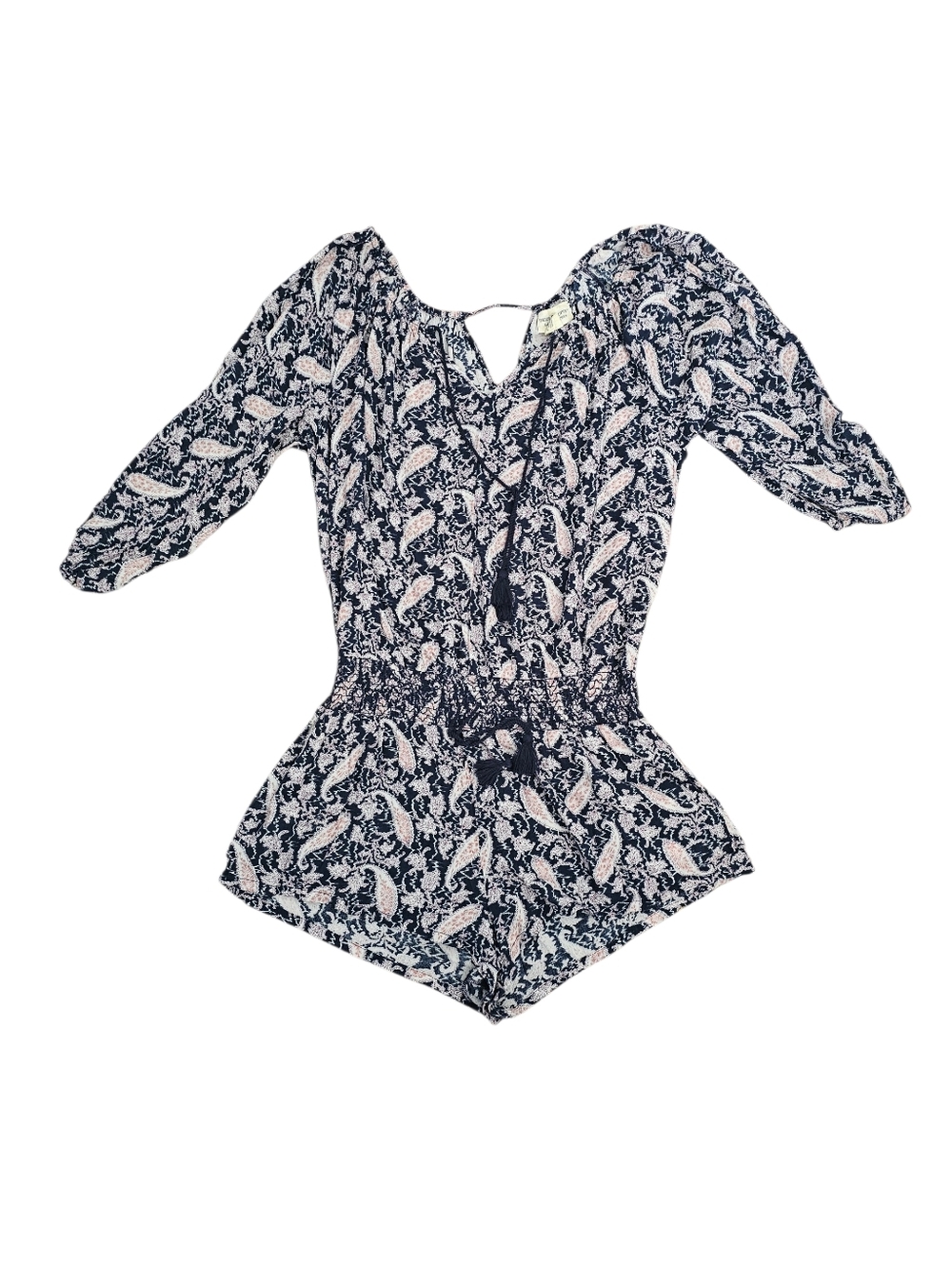 Women’s Navy Paisley Romper Boho Long Sleeve V-Neck Tassel Waist Lightweight